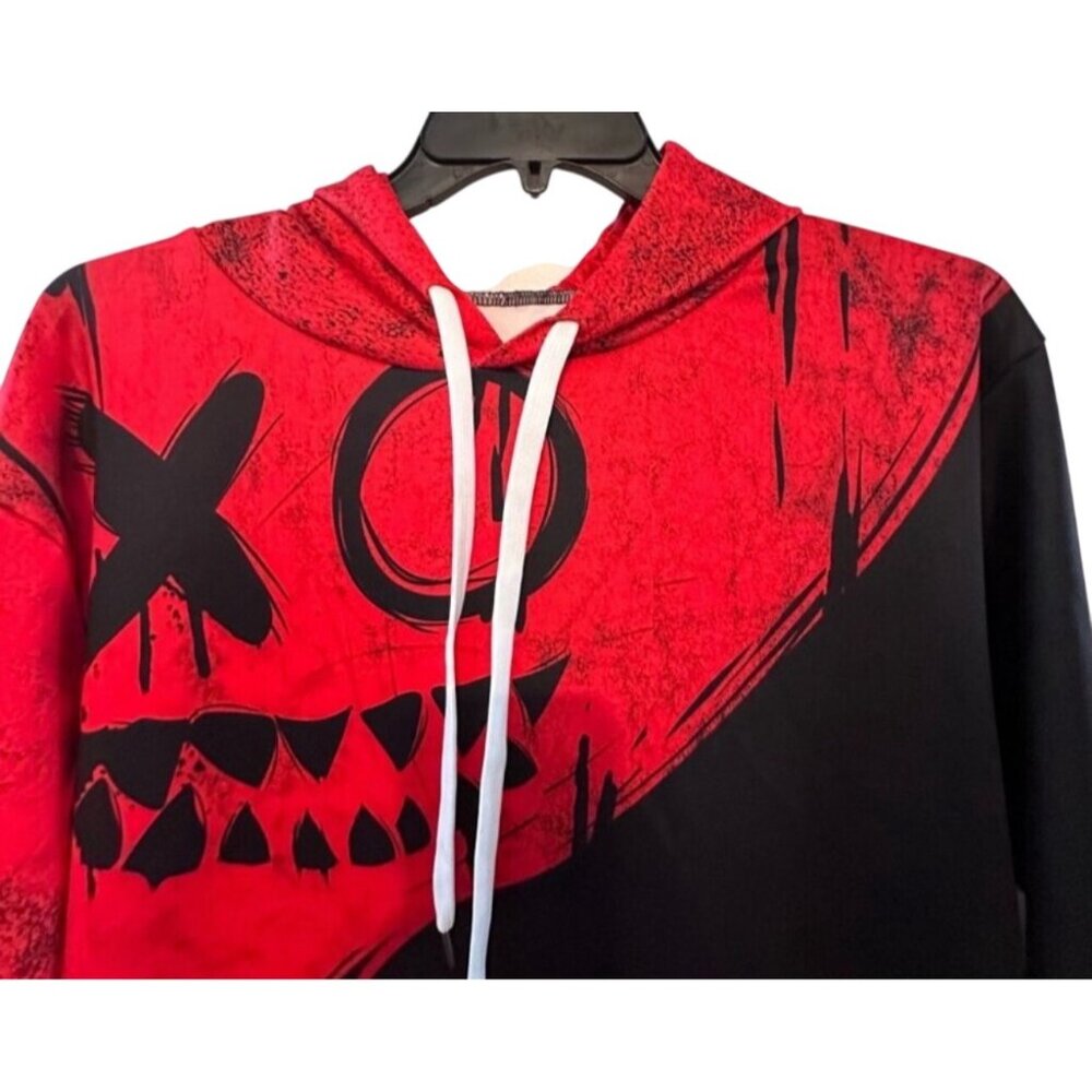 Mens Red & Black Graphic Hoodie With Smiling Faces Design Size L Polyester & Spa - Picture 7 of 9